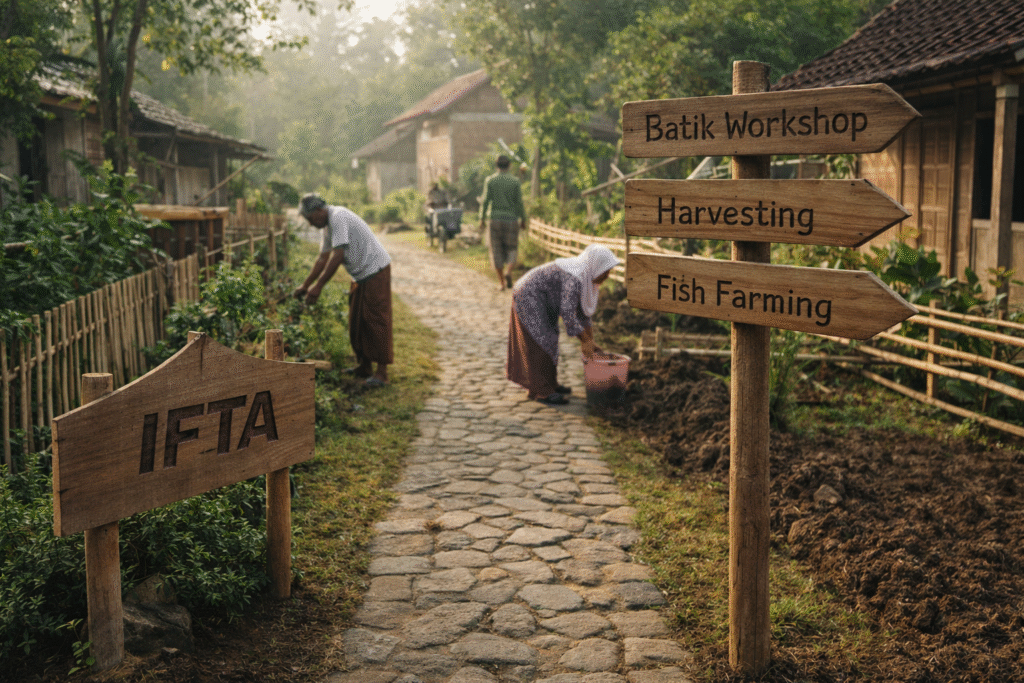 Pemandangan desa wisata Indonesia dengan aktivitas budaya dan alam