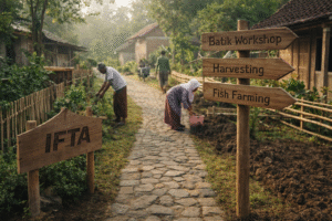 Pemandangan desa wisata Indonesia dengan aktivitas budaya dan alam